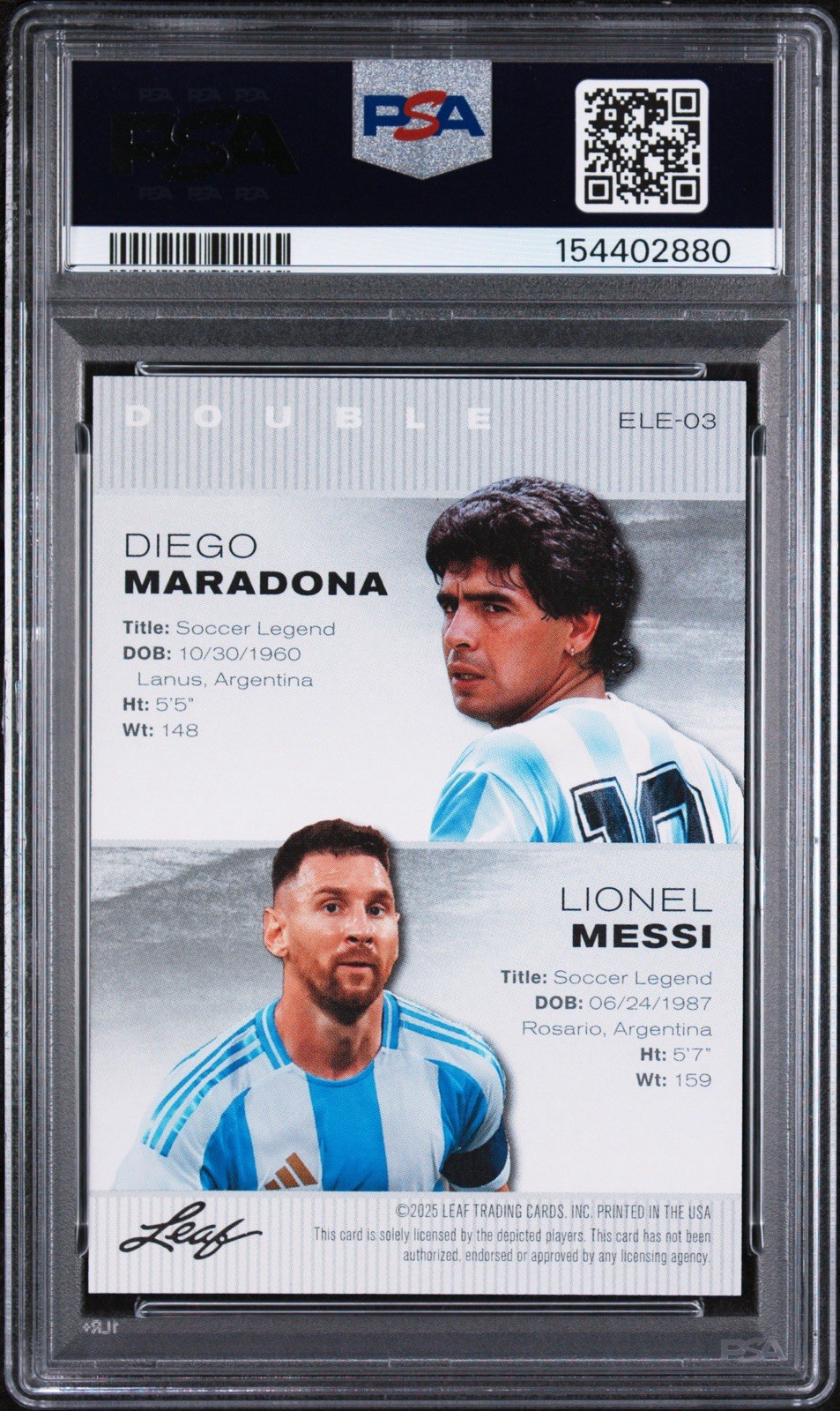 2025 LEAF SPECIAL RELEASE EXCLUSIVE LEGENDS EDITION ELE03 MARADONA/MESSI PSA 10 view 3