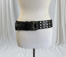 Black Cut-Out Leather Wide Waist Belt Chic Designer Italy Club Monaco Minimalist
