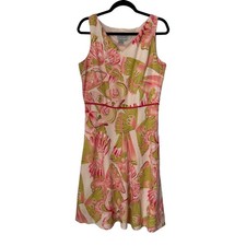 Adrianna Papell Dress Size 12 Pink Green Butterfly Print Linen Blend Sleeveless