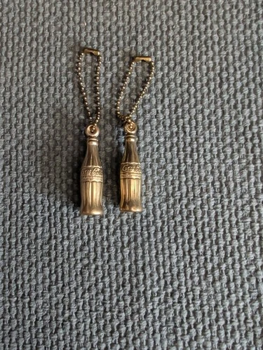 2 Vintage COCA COLA Brass Bottle Charm Keychains COKE Soda Soft Drink