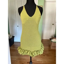 Musera Green Crochet Mini Dress V Neck Ruffle Sleeveless L Sexy Club