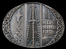 SB11164 VINTAGE 1980s **MANS SEARCH FOR OIL** OILDFIELD SOLID BRASS BELT BUCKLE