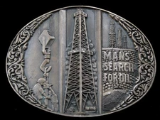SB11164 VINTAGE 1980s **MANS SEARCH FOR OIL** OILDFIELD SOLID BRASS BELT BUCKLE