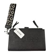 Guess Sandria SLG Black Saffiano Logo Wristlet Wallet F9375157 New