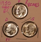 1950 P D S SILVER ROOSEVELT DIMES GEM- BU D FULL BANDS! KEY DATE 500472