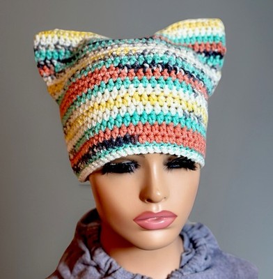 Crochet Kitty Cat Ears Beanie Style Hat multi color unisex Adult Size