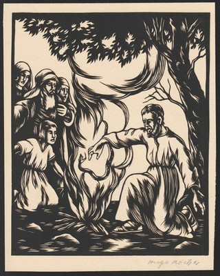 c1950 Hugo Kocher Original-Scherenschnitt Paulus wirft die Viper ins Feuer Bibel