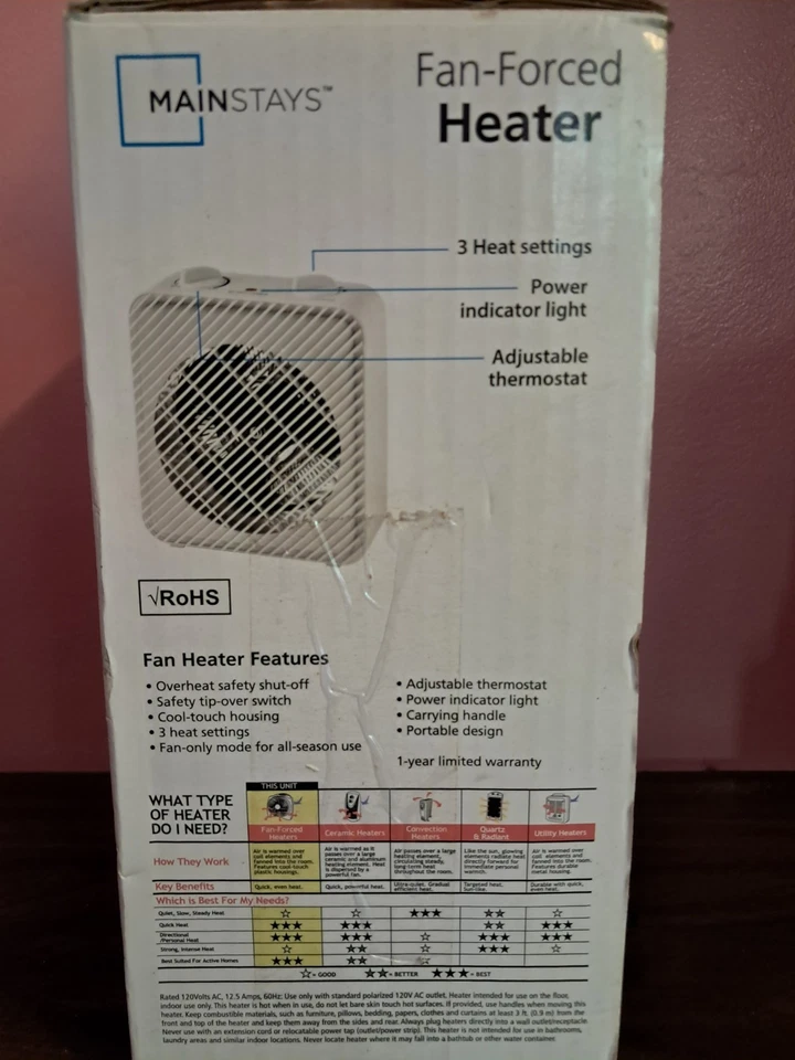 MAINSTAYS 1500W 3-Speed Eletric Fan-Forced Space Heater HF-1008W, White - Image 4 of 4