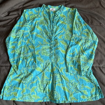 Anokhi Tunic Top Blouse 100% Cotton Boho Hippie Women Size S Blue Green