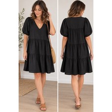 Old Navy Tiered Swing Dress L Black V-Neck Short Sleeve Pockets Boho Casual Chic