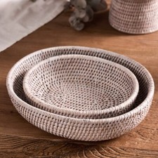 White Rattan Rounded Basket Premium Whitewashed Wicker Storage Homeware Organise