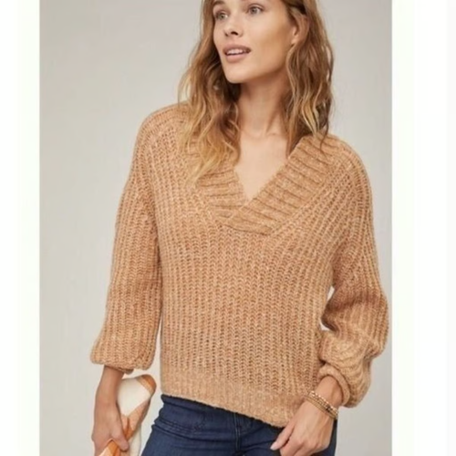 ANTHROPOLOGIE Women Ribbed V Neck Pullover Sweater Sz S Honey Knit Stylish 82-14 - Picture 2 of 16