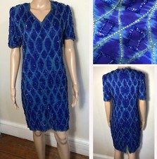 vtg 80s Silk Sequin Dress Sz PL Purple Blue Beaded Cocktail Party Evening J.M.C.
