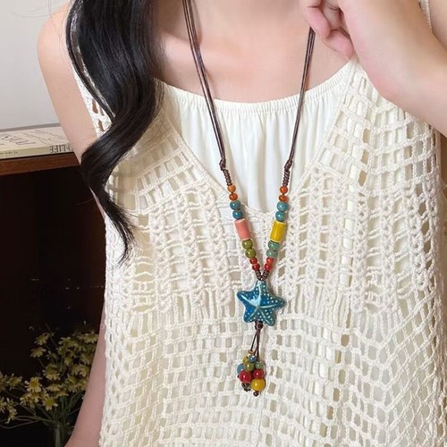 Colorful Beads Ethnic Style Necklace Ceramic Bohemian Style Necklace Gift - Picture 4 of 16