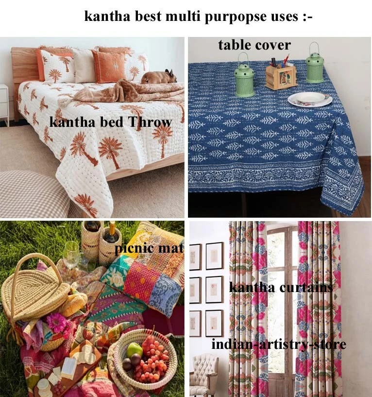 Colcha hecha a mano Kantha Art Block Print tamaño king algodón Kantha edredón tiro Foto 2 de 4