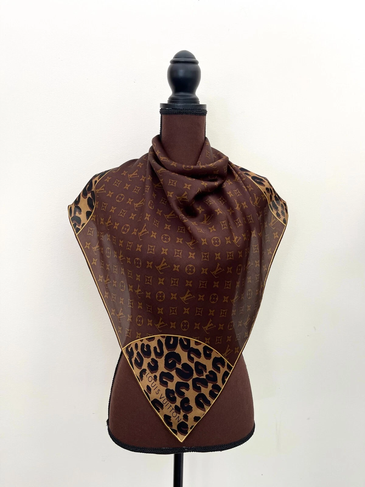 Unisex Louis Vuitton Monogram Flowers LV Logo Animal Print Brown Silk Scarf