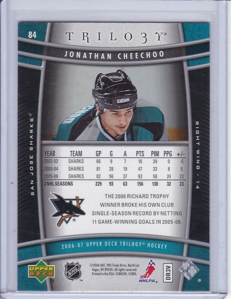 Jonathan Cheechoo 2006 Upper Deck Trilogy Hockey Card 84 Grade MT - Image 2 of 2