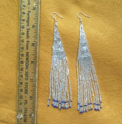 Fringe Earrings Clear and Blue Hand Made Glass Seed Bead Boho Style Earrings - Picture 4 of 4