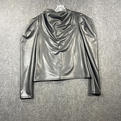 Express Blouse Women's Small Black Faux Leather Long Sleeve Puffed Sleeve
