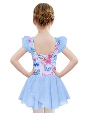 Girls Dance Sparkly Chiffon Skirt Butterfly Printed Blue Ballerina Outfits 3-4T