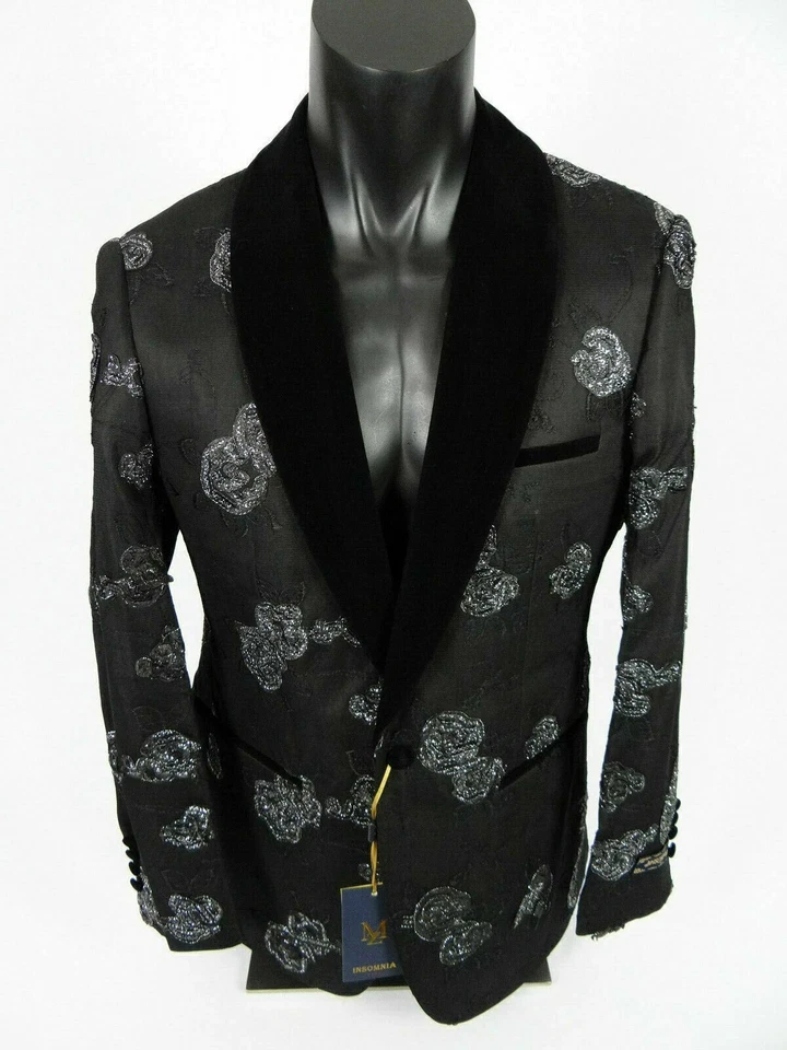 Mens Sport Jacket Blazer Black Silver Florals INSOMNIA MANZINI Entertainer Event - Image 2 of 4