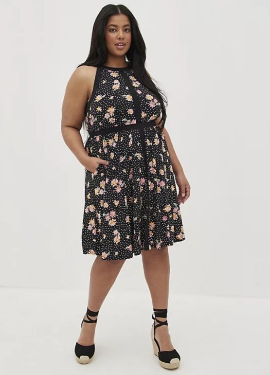 Torrid Halter Skater Dress Studio Knit Floral Polka Dot Black Plus Size 5X  NWT