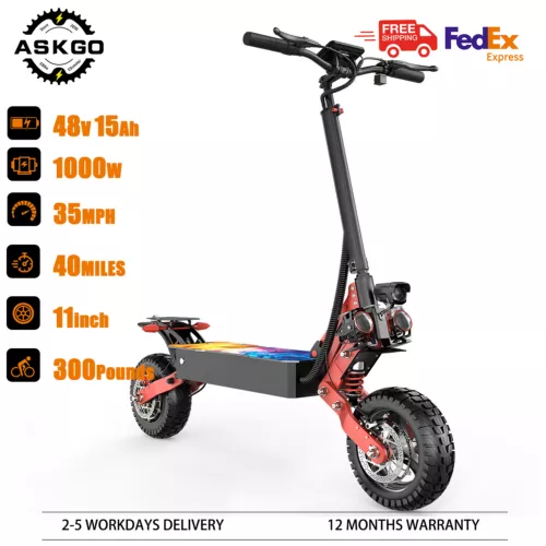 1000W Dual Motor Adult Electric Scooter 11" Off Road Tires 48V 15Ah 35mph 40Mile