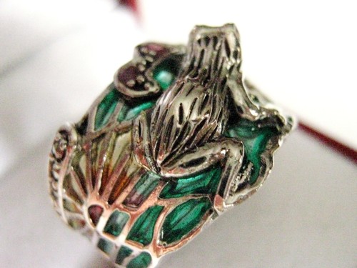 Art Nouveau Marcasite Ruby Frog Cocktail Ring Sterling Silver Plique a Jour M ½ - Picture 3 of 11