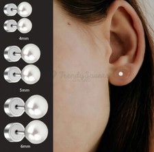 4-6MM Pompous Handmade White Pearl Silver Sleeper Stud Earrings Round Screw Back