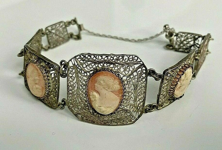 VINTAGE 925 STERLING SILVER FILIGREE CAMEO BRACELET