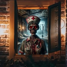 Halloween Window Cover Hanging Banner Decor Zombie Nurse Scene 31x47 inch Creepy