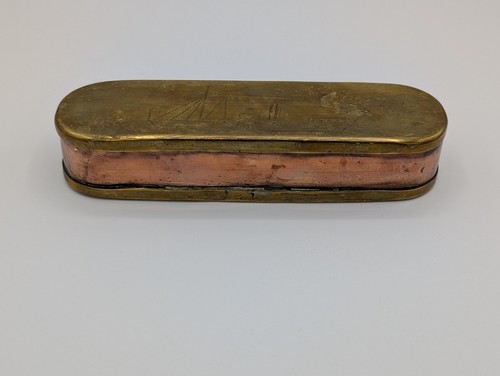 18th Century Dutch Brass and Copper Tobacco Box 6 1/4” L Engraved W/ Ships RARE!