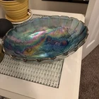 Vintage Indiana Carnival Glass Blue Iridescent Harvest Grape Footed Fruit Bowl