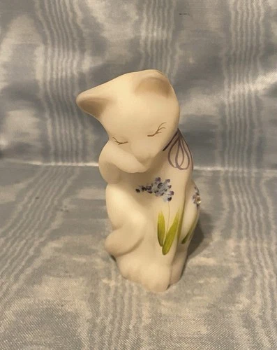 Vintage Rare Fenton White Satin Hand Painted  / Jewel Cat Figurine  # 2  USA