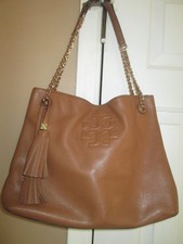 TORY BURCH THEA COGNAC COLOR CHAIN TASSEL TOTE SHOULDER BAG, LQQK 