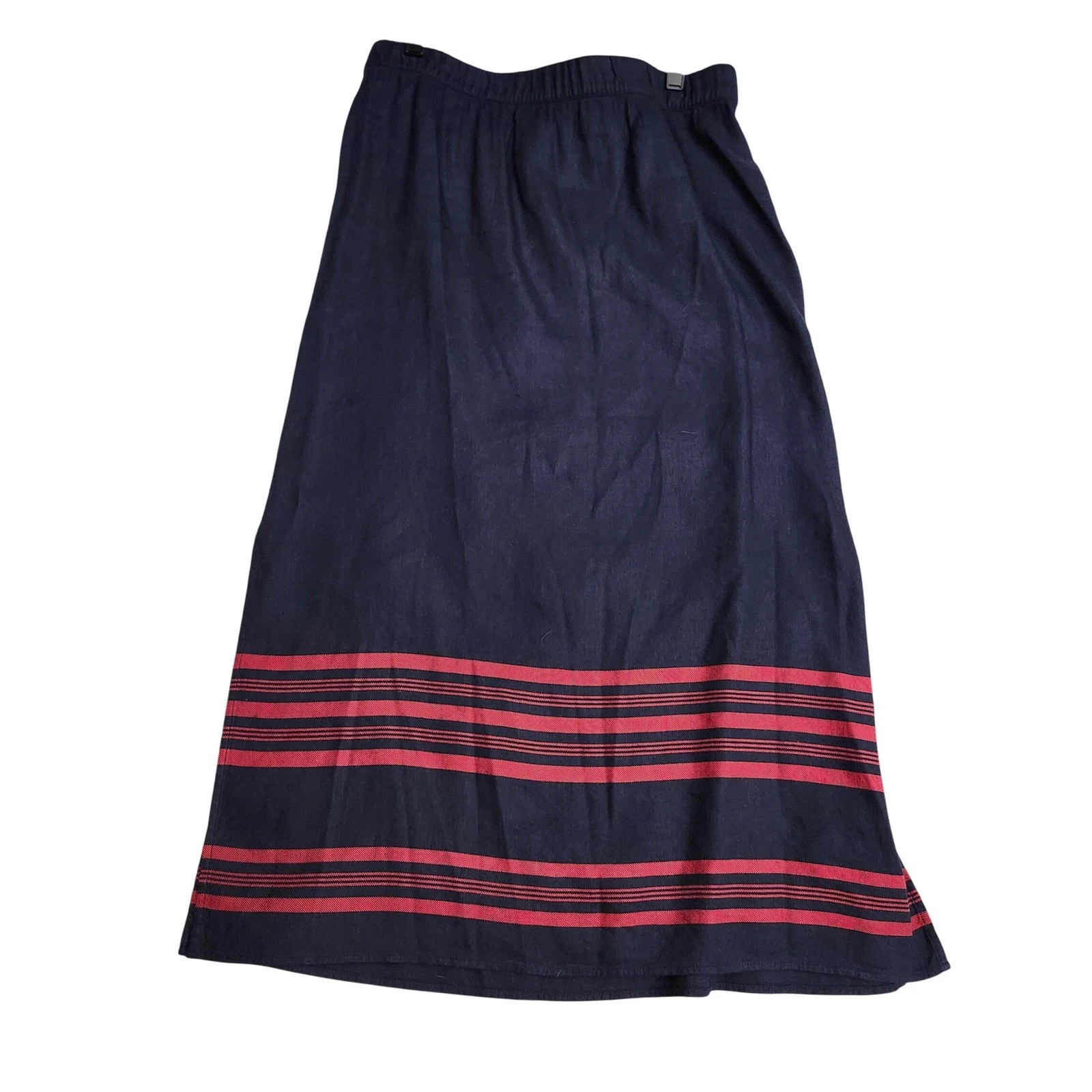J.Jill Navy Blue Red Striped Hem Linen Blend Elastic Waist Maxi Skirt M Classic