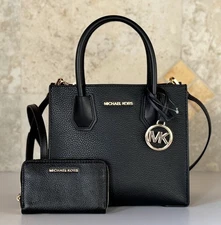 Michael Kors Mercer Medium Satchel Shoulder Crossbody Bag + Wallet Set Black