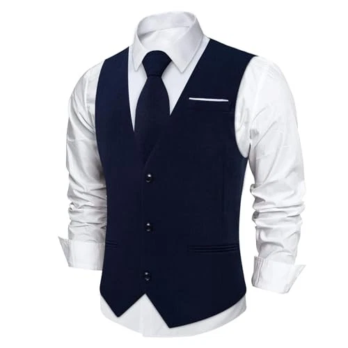  Mens Linen Suit Vest Casual Waistcoat and Necktie & Pre 3X-Large Navy Blue - Image 3 of 4
