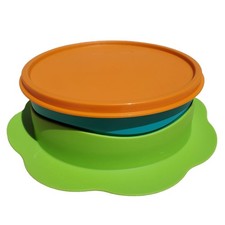 Tupperware Tupperkids Feeding Bowl Green silicone base blue bowl orange seal NEW