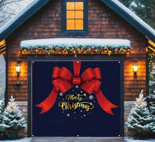 Red Christmas Bow Blue Garage Door Cover Door Banner Holiday Backdrop