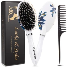 Sosoon Hair Brush, Boar Bristle Brushes for Women Kids Thick Curly White 
