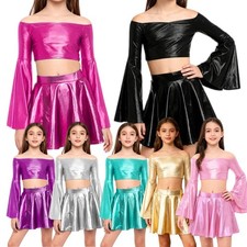 Kids Girls Outfit Dance Suit Carnival Set Metallic Streetwear Crop Top Holiday