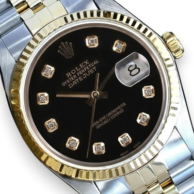 Mens Rolex Datejust 18KY Gold & Steel Watch Black Diamond Dial Fluted 36mm