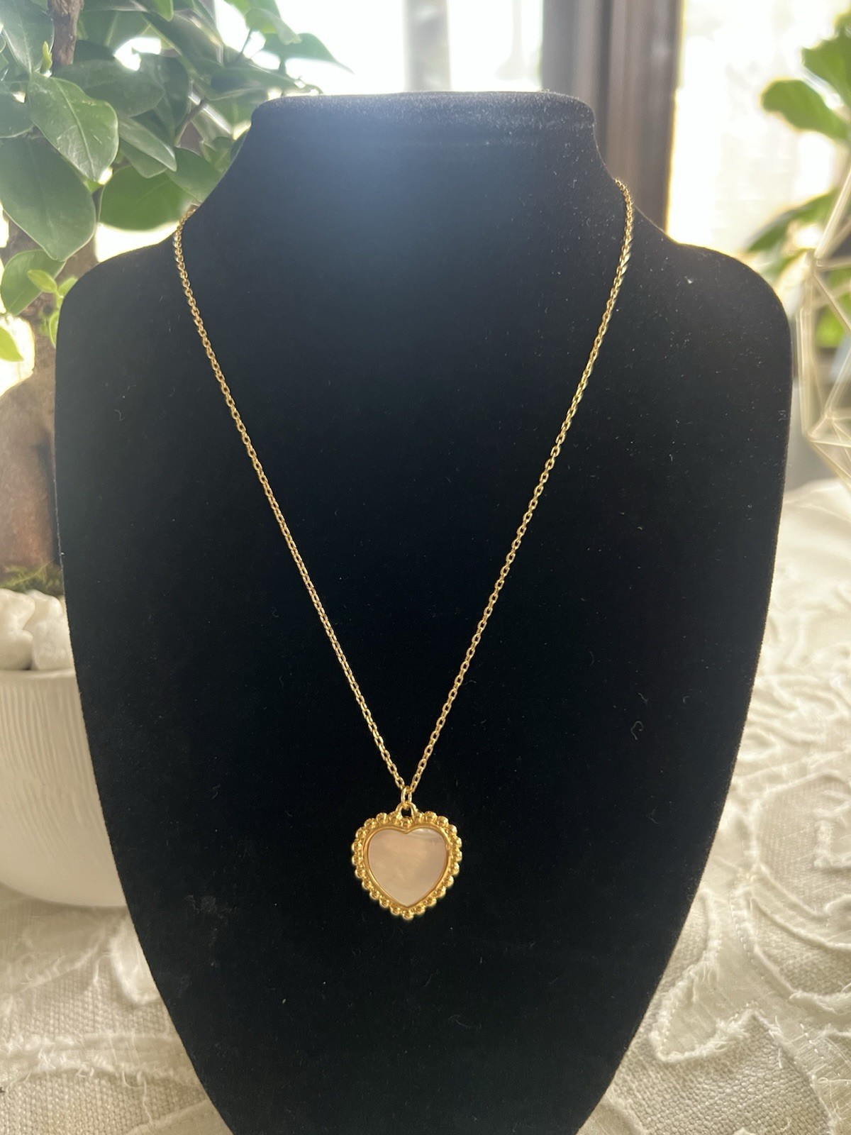 TORY BURCH Charm Gold Necklace, with Mother of Pearl Heart and TB logo 17” thumbnail 8