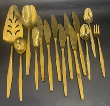 Vintage Gold Electroplated Florentine Serving Set and Table Knives 14 Pcs
