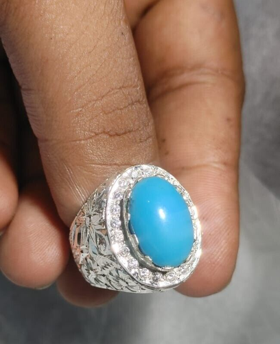 Natural Feroza Ring Mens Turquoise Ring Feroza Stone Ring Sterling Silver 925 - Picture 10 of 11