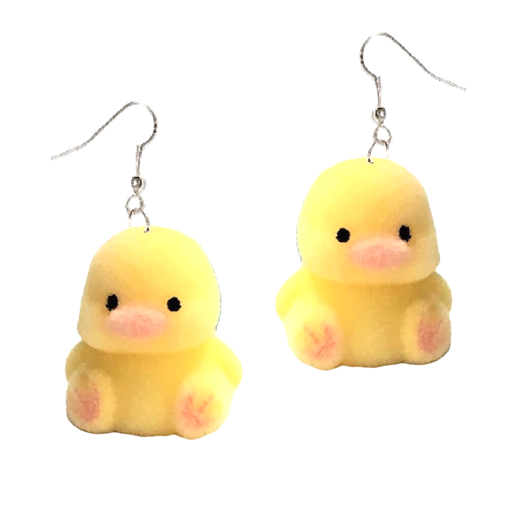 Retro Fuzzy DUCK Funky EARRINGS Flock Baby Easter Chick Kawaii Novelty Jewelry