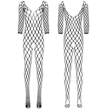 Women Glossy Sheer Bodystocking Silky Long Sleeves Crotchless Bodysuit Jumpsuit