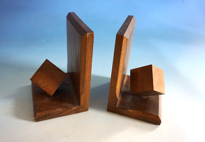 Vintage Paar Art Deco Buchstützen mit Würfel Holz im Bauhaus Stil (F024-2254)