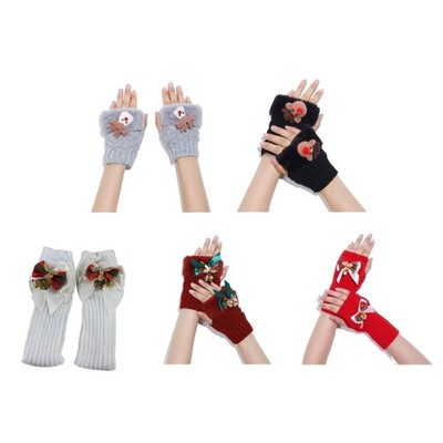 Soft Fluffy Cuffs Winter Gloves Half-finger Knit Christmas Mitten for Winter